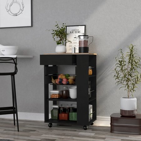 TUHOME Blosson Kitchen Cart, One Drawer, Two Open Shelves, Four Casters, Black/Light Oak OWD6767